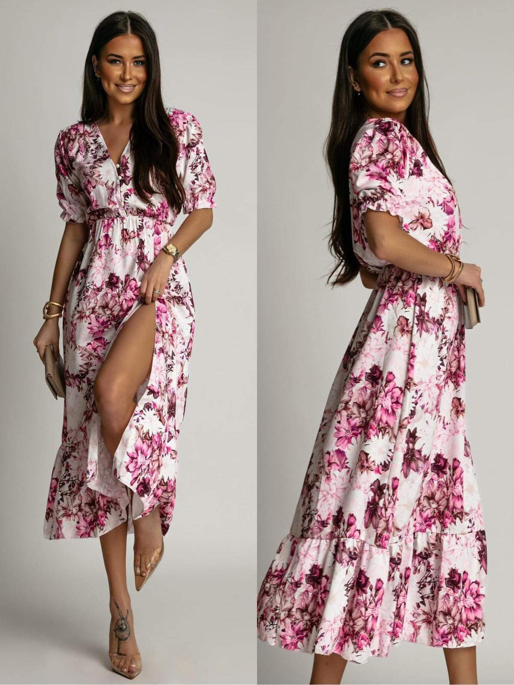 41136-06/ φόρεμα floral μιντι με σκισιμο / ροζ